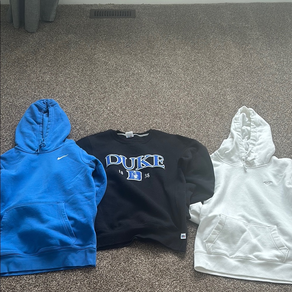 Blue Nike Hoodie, Black Duke Sweatshirt, White Hoodie
